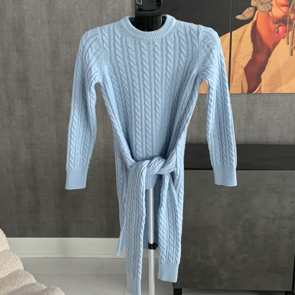 Michael Kors Collection Cashmere Glacier Blue Cable Knit tie front Sweater XS